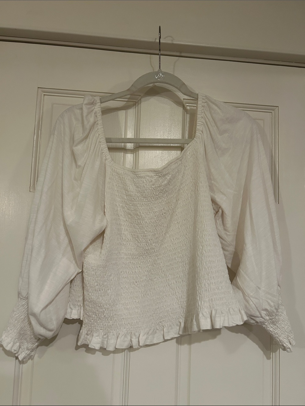 Pilcro White Smocked Peasant Blouse with Ruffle Hem